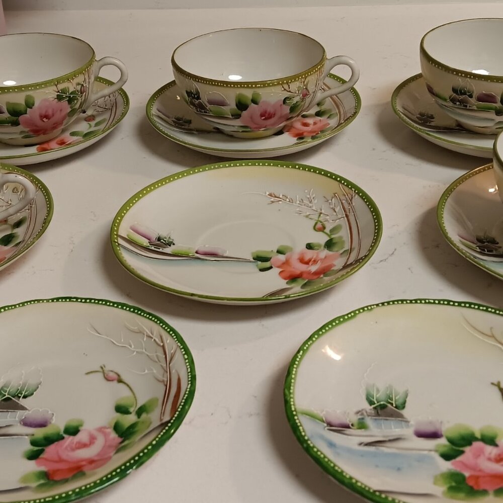 Vintage T/T Japanese Pink Flower Teacups and Saucer Sets - 13 Pieces - 1960's